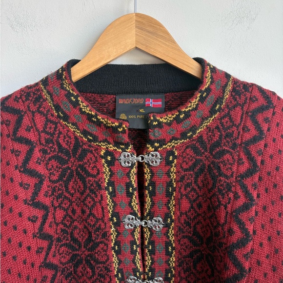 Vintage Windfjord Norwegian Wool Cardigan Red Nordic Sweater 100% Wool XL - Picture 2 of 8